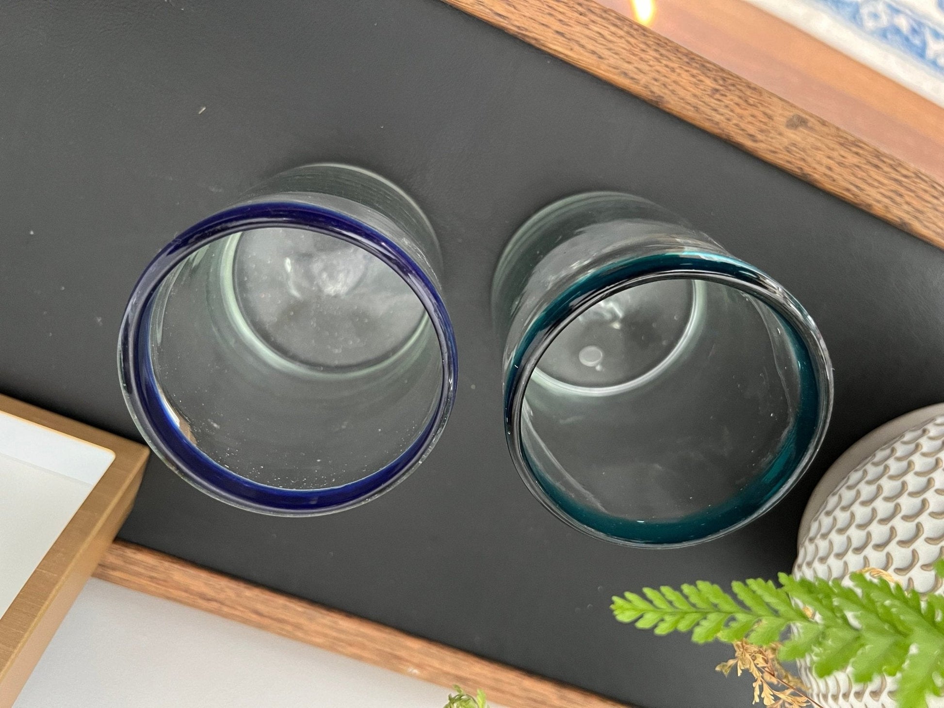 Mexican Hand - Blown Glass Tumblers, Set of 2 — One Teal Rim, One Navy Rim, 4"H - Loom Vintage