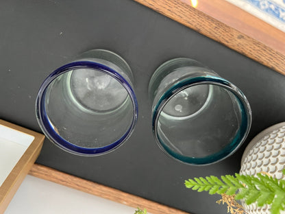 Mexican Hand - Blown Glass Tumblers, Set of 2 — One Teal Rim, One Navy Rim, 4"H - Loom Vintage