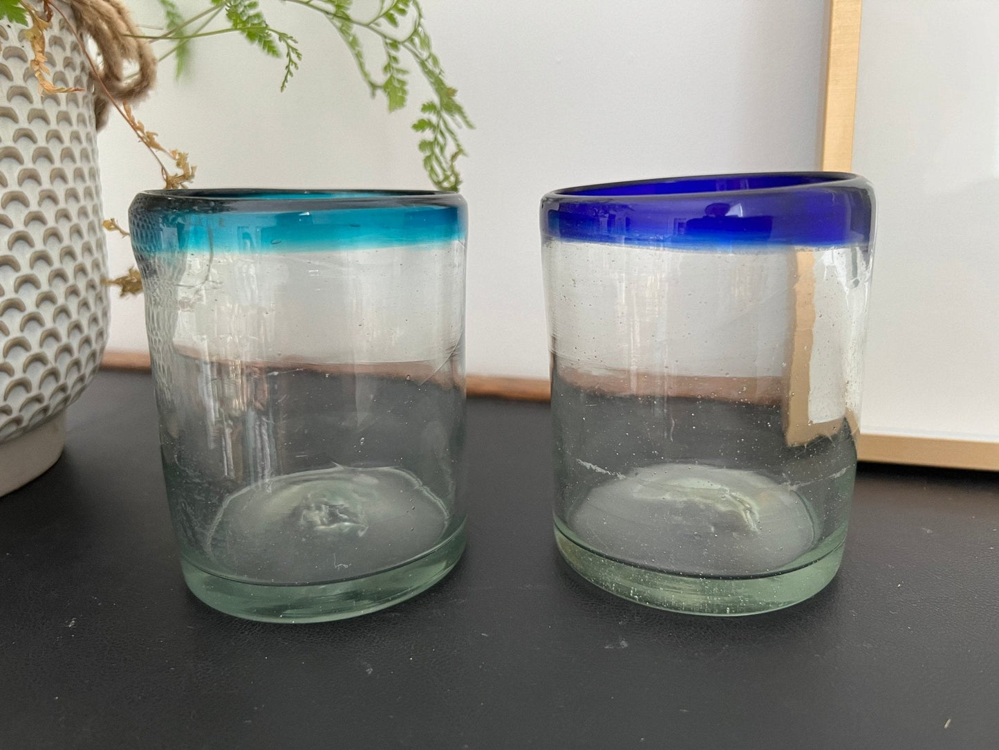 Mexican Hand - Blown Glass Tumblers, Set of 2 — One Teal Rim, One Navy Rim, 4"H - Loom Vintage