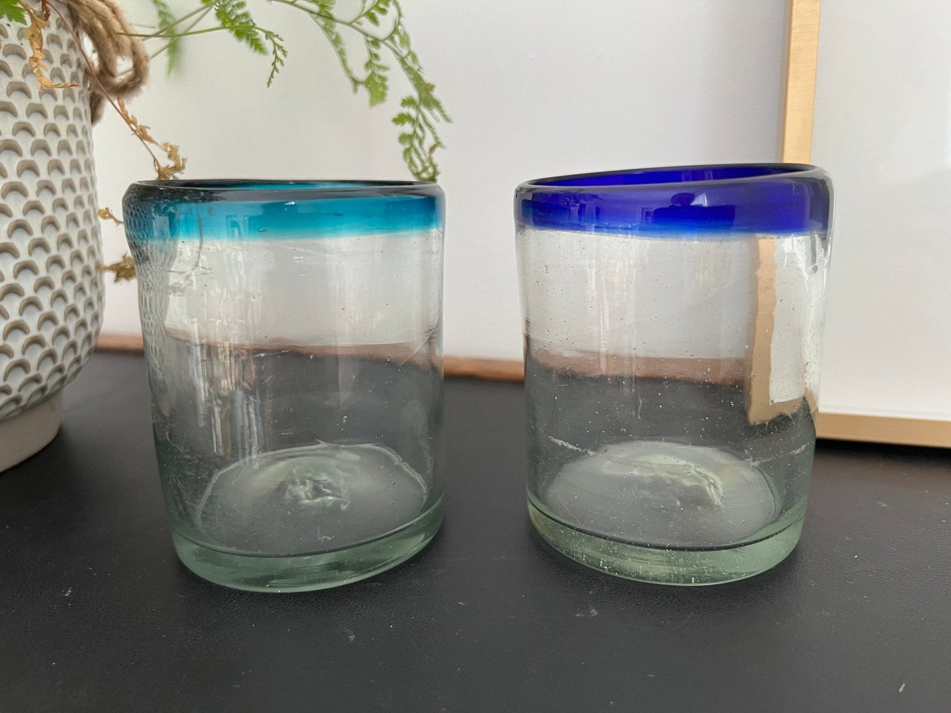 Mexican Hand - Blown Glass Tumblers, Set of 2 — One Teal Rim, One Navy Rim, 4"H - Loom Vintage