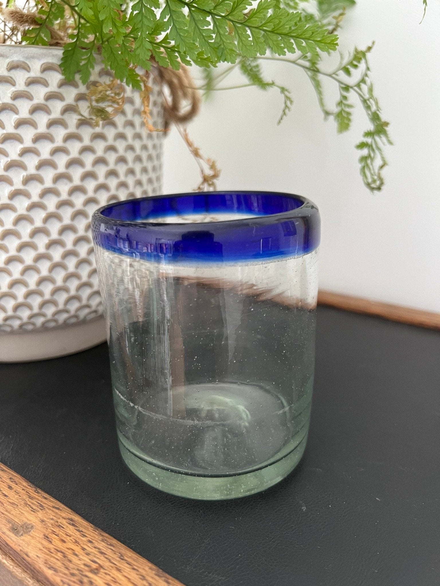 Mexican Hand - Blown Glass Tumblers, Set of 2 — One Teal Rim, One Navy Rim, 4"H - Loom Vintage