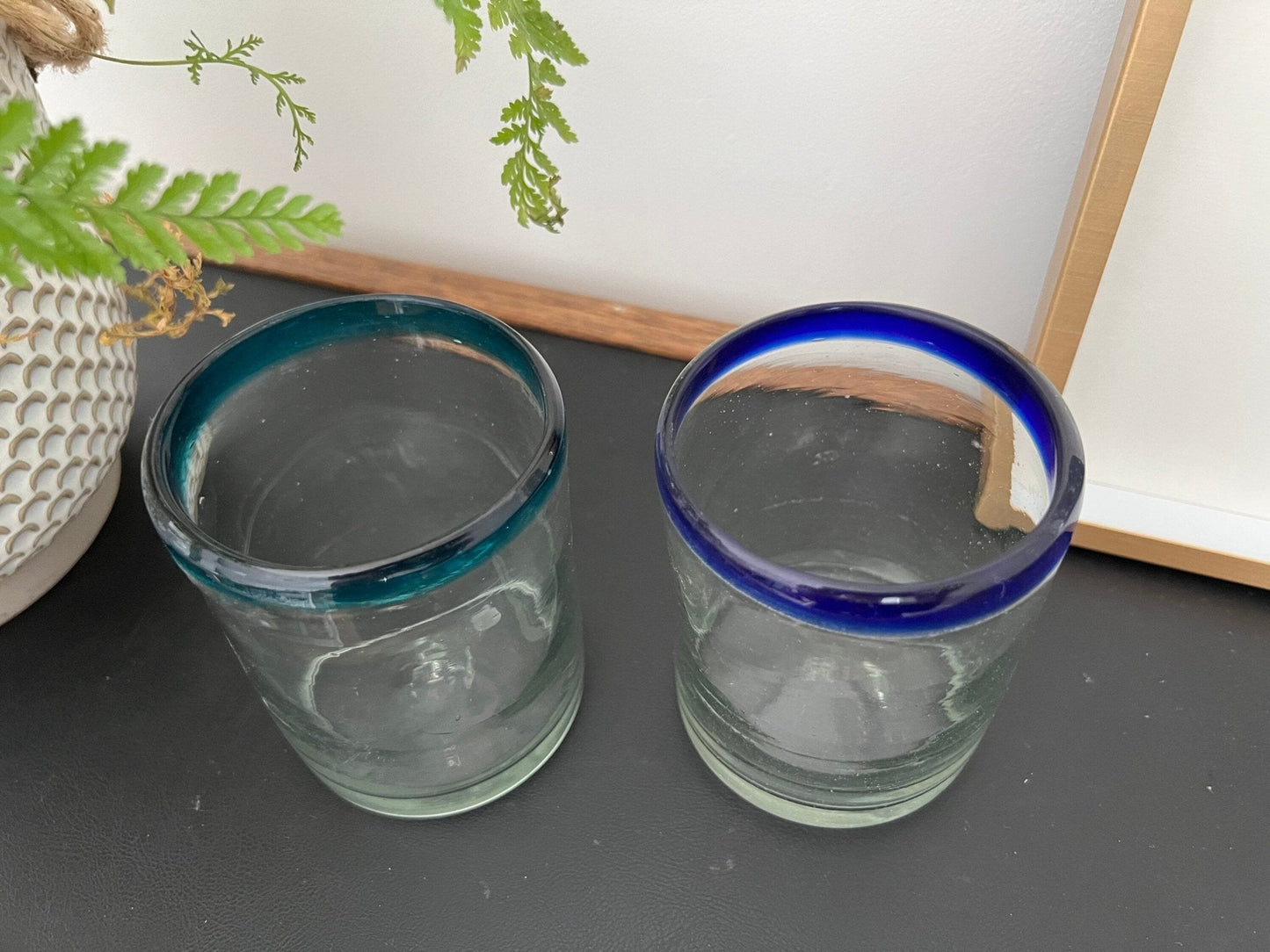 Mexican Hand - Blown Glass Tumblers, Set of 2 — One Teal Rim, One Navy Rim, 4"H - Loom Vintage