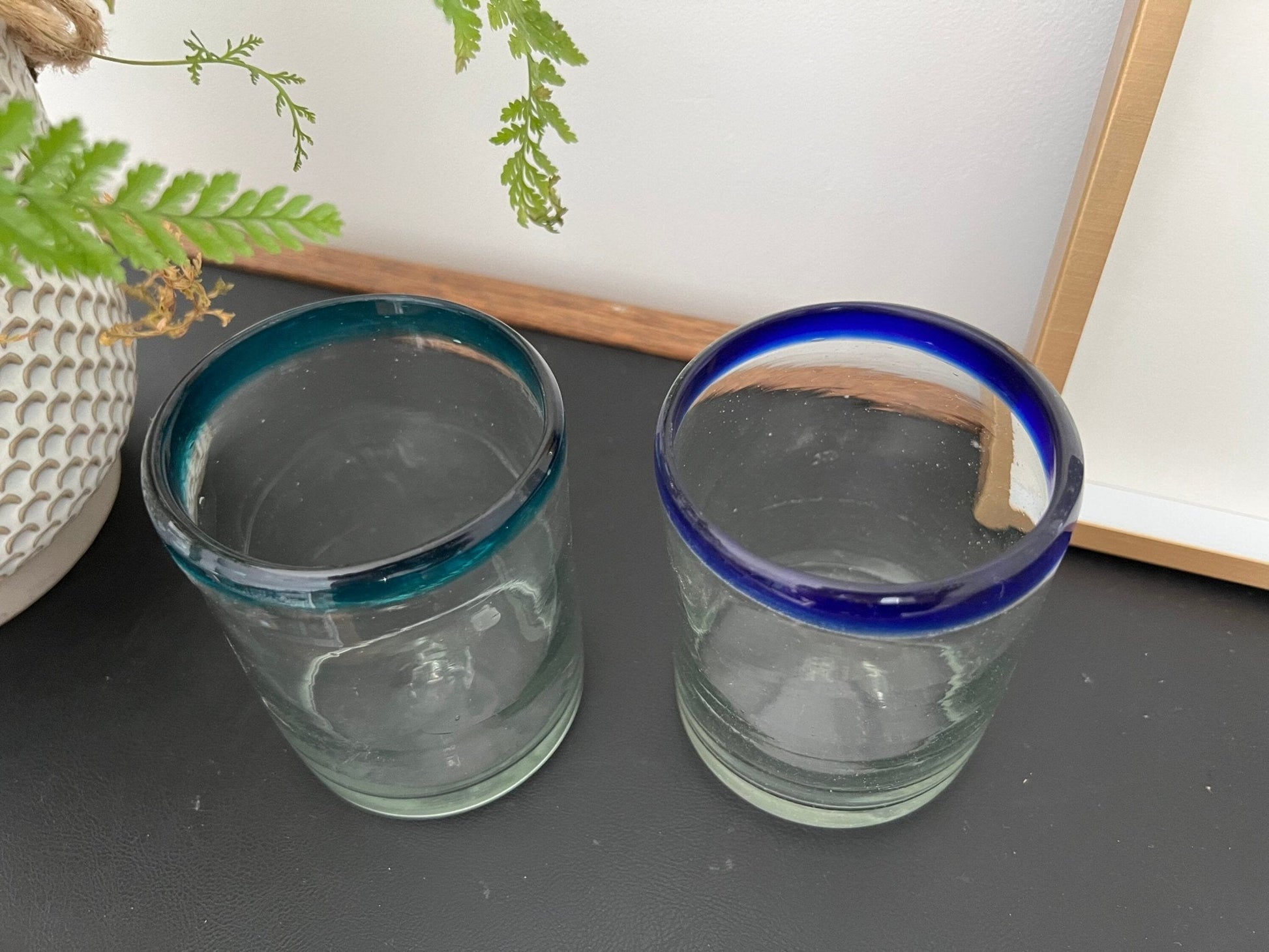 Mexican Hand - Blown Glass Tumblers, Set of 2 — One Teal Rim, One Navy Rim, 4"H - Loom Vintage