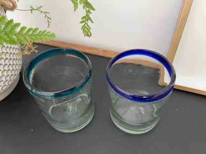 Mexican Hand - Blown Glass Tumblers, Set of 2 — One Teal Rim, One Navy Rim, 4"H - Loom Vintage