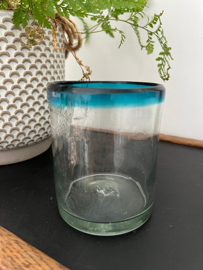 Mexican Hand - Blown Glass Tumblers, Set of 2 — One Teal Rim, One Navy Rim, 4"H - Loom Vintage