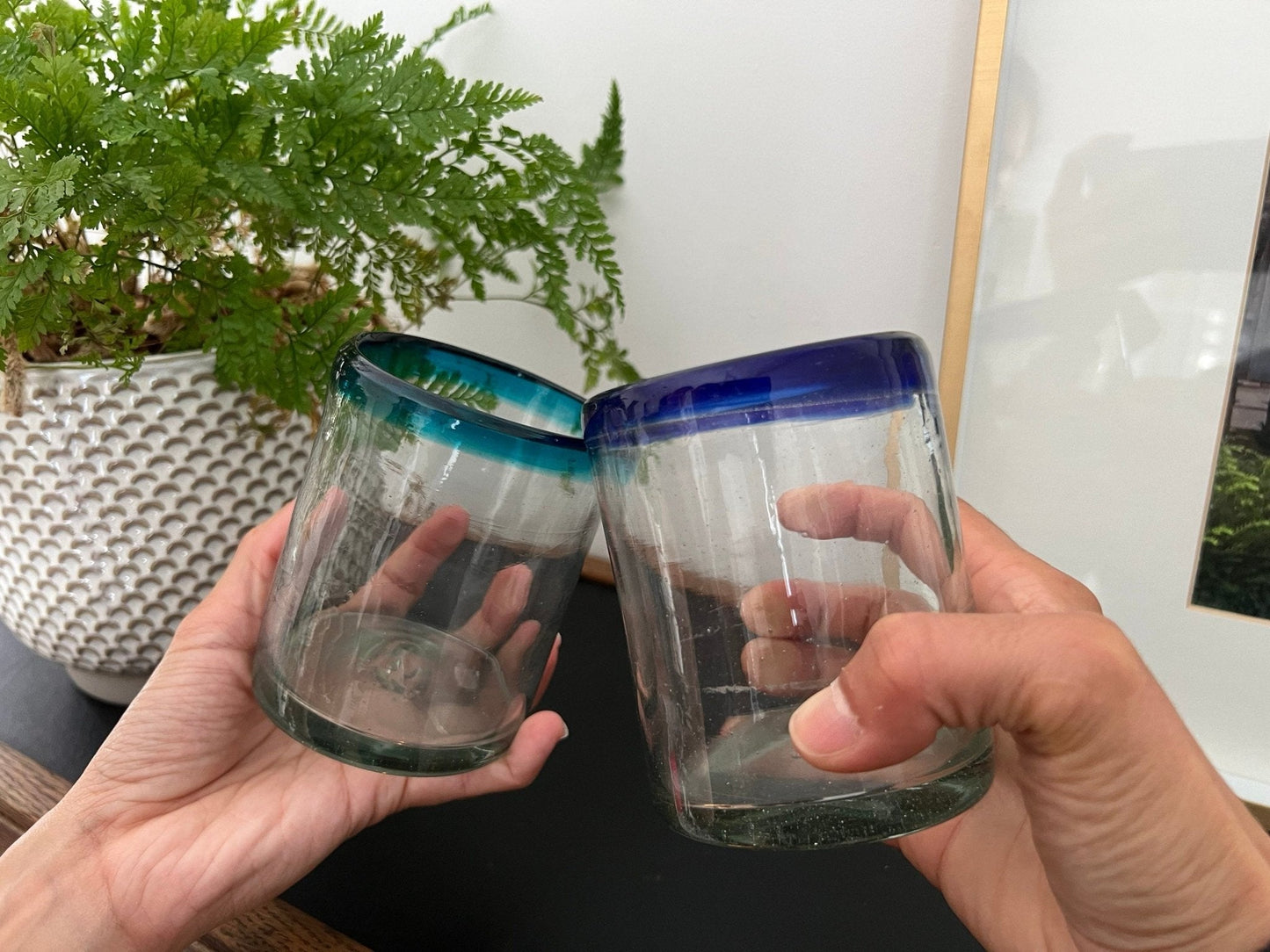 Mexican Hand - Blown Glass Tumblers, Set of 2 — One Teal Rim, One Navy Rim, 4"H - Loom Vintage