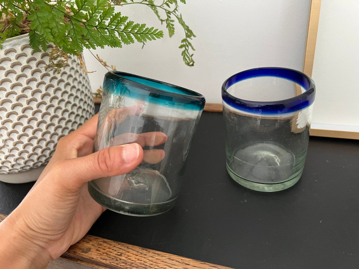 Mexican Hand - Blown Glass Tumblers, Set of 2 — One Teal Rim, One Navy Rim, 4"H - Loom Vintage