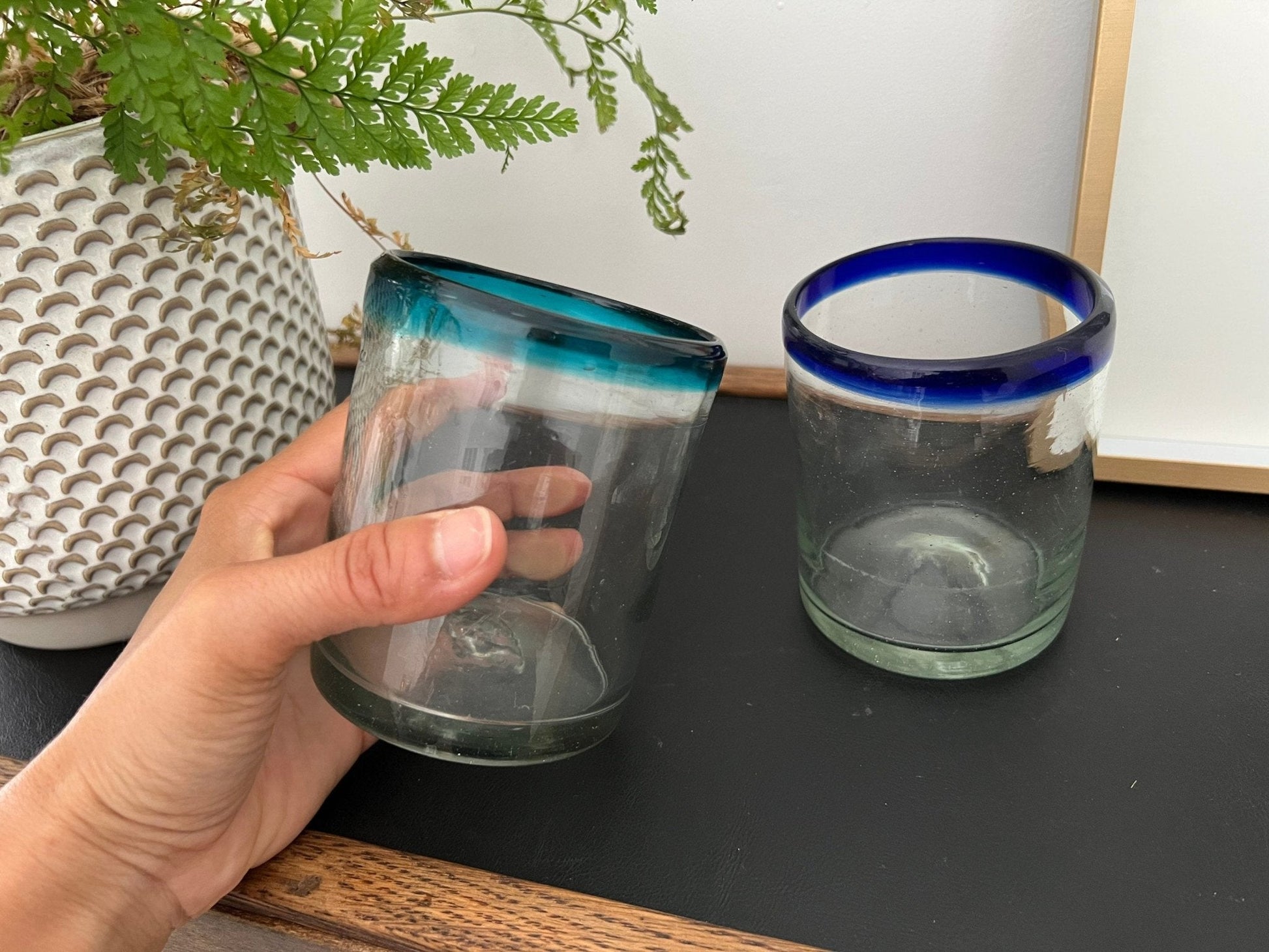 Mexican Hand - Blown Glass Tumblers, Set of 2 — One Teal Rim, One Navy Rim, 4"H - Loom Vintage