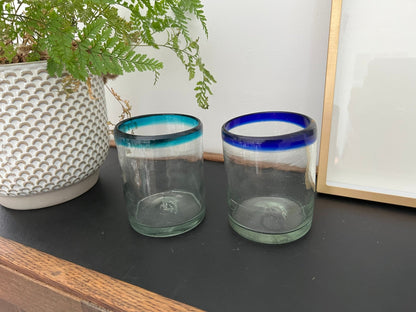 Mexican Hand - Blown Glass Tumblers, Set of 2 — One Teal Rim, One Navy Rim, 4"H - Loom Vintage