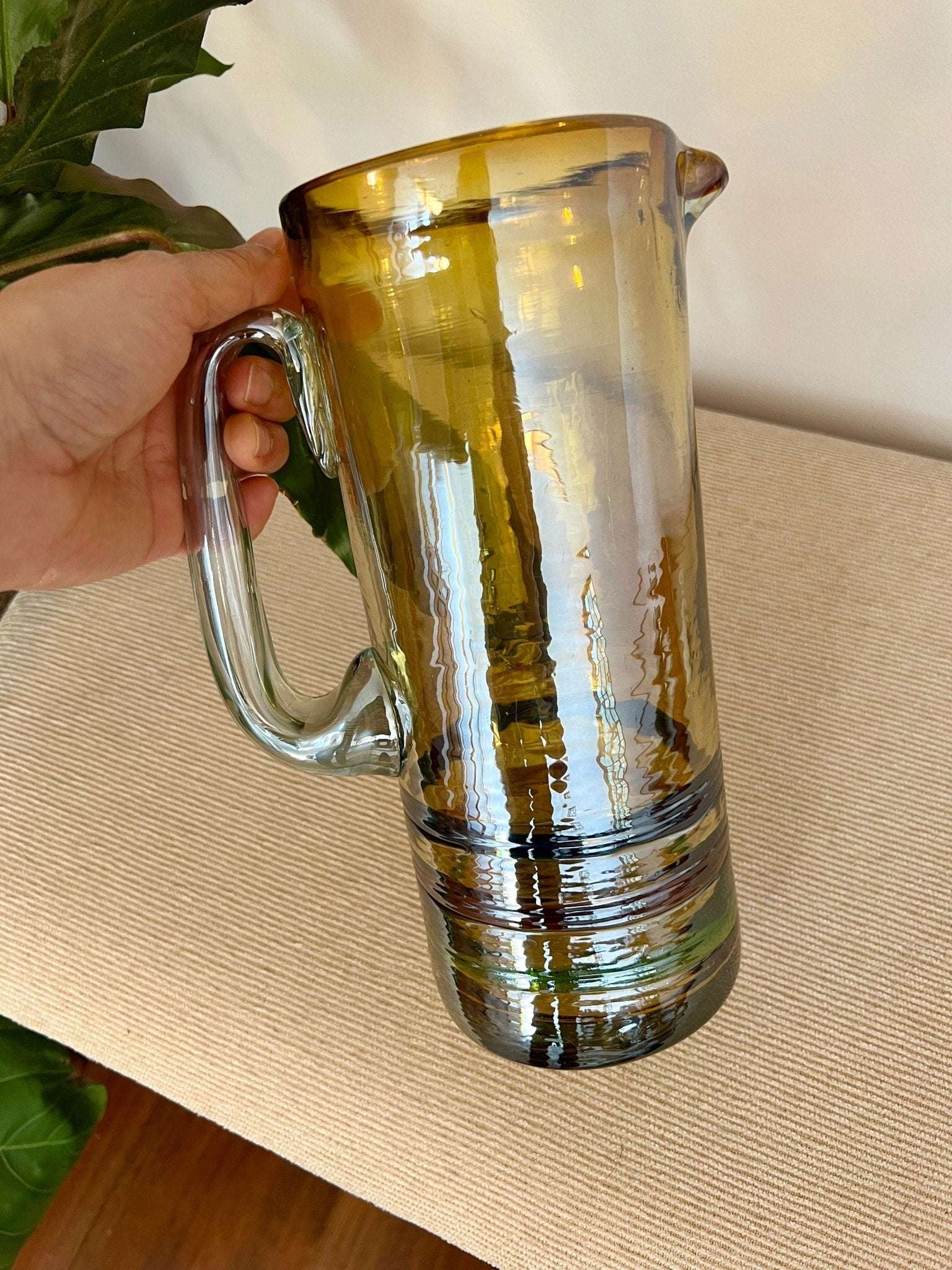 Mexican Hand-Blown Iridescent Yellow Glass Pitcher — Blue, Green & Orange Detail, 10"H - Loom Vintage