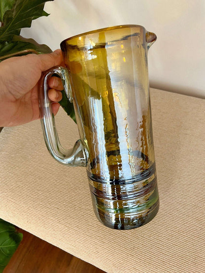 Mexican Hand-Blown Iridescent Yellow Glass Pitcher — Blue, Green & Orange Detail, 10"H - Loom Vintage