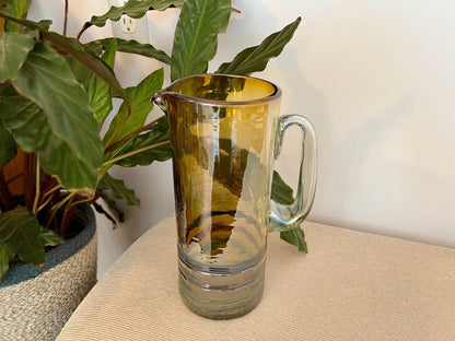 Mexican Hand-Blown Iridescent Yellow Glass Pitcher — Blue, Green & Orange Detail, 10"H - Loom Vintage