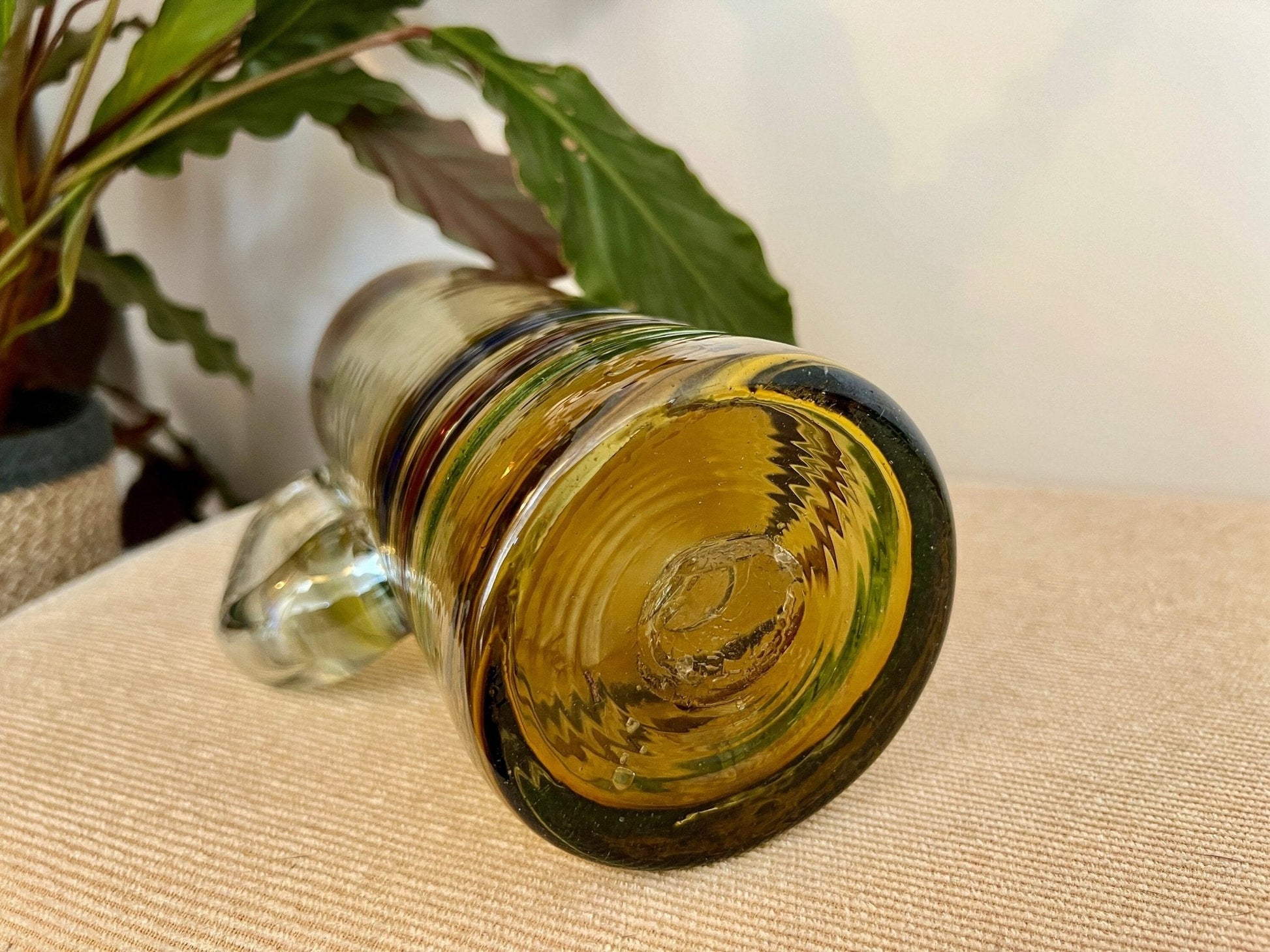 Mexican Hand-Blown Iridescent Yellow Glass Pitcher — Blue, Green & Orange Detail, 10"H - Loom Vintage