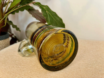Mexican Hand-Blown Iridescent Yellow Glass Pitcher — Blue, Green & Orange Detail, 10"H - Loom Vintage