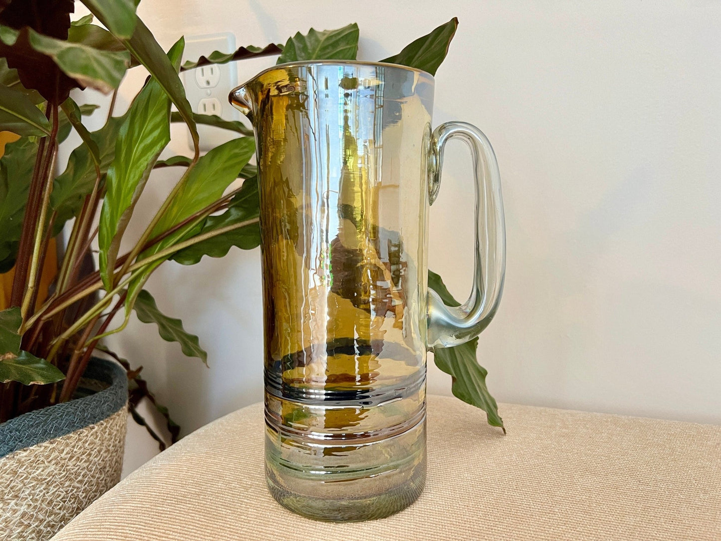Mexican Hand-Blown Iridescent Yellow Glass Pitcher — Blue, Green & Orange Detail, 10"H - Loom Vintage