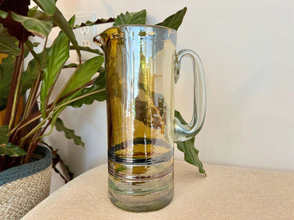 Mexican Hand-Blown Iridescent Yellow Glass Pitcher — Blue, Green & Orange Detail, 10"H - Loom Vintage