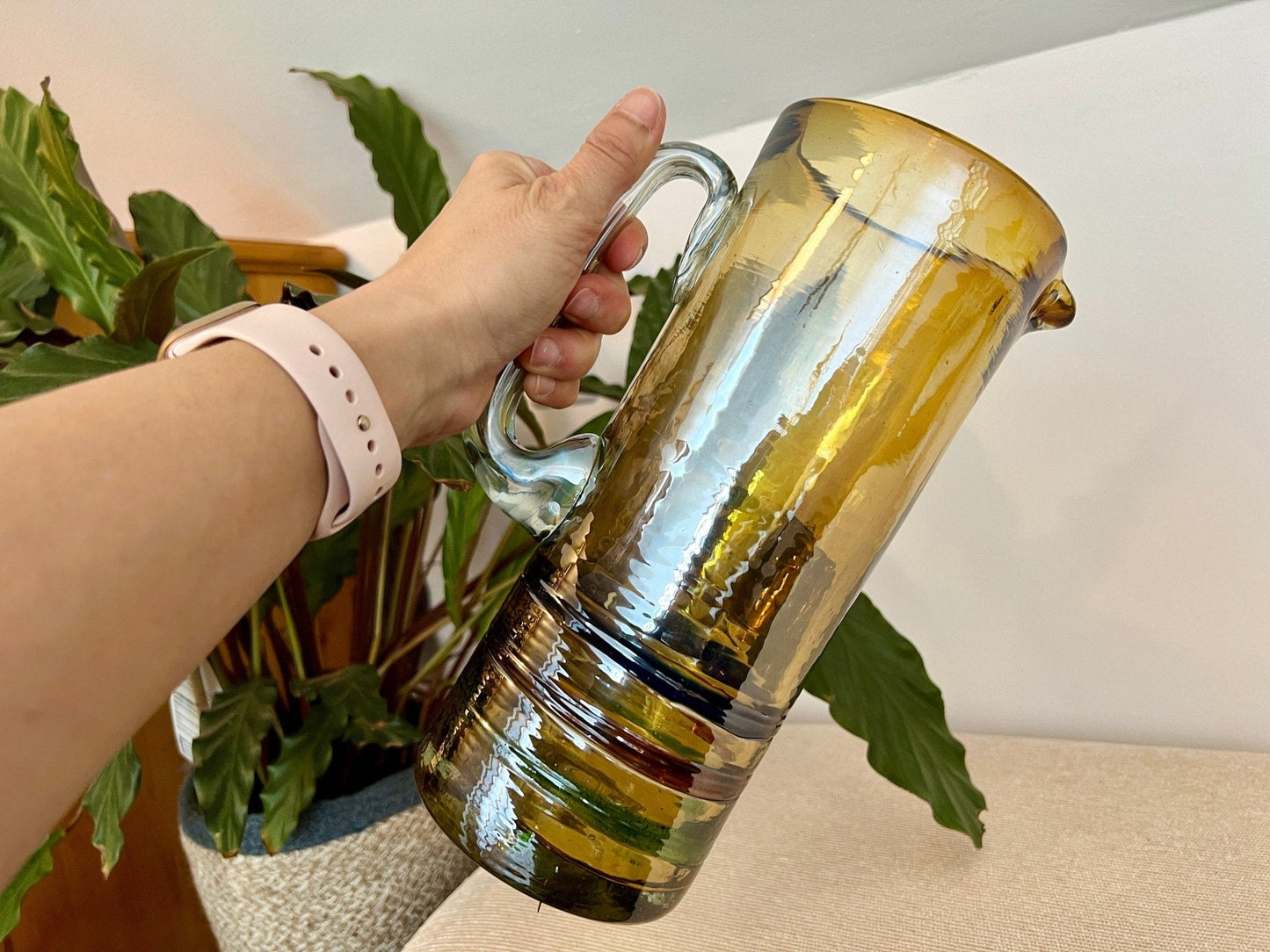 Mexican Hand-Blown Iridescent Yellow Glass Pitcher — Blue, Green & Orange Detail, 10"H - Loom Vintage