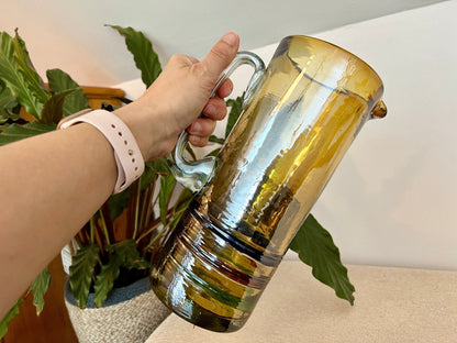 Mexican Hand-Blown Iridescent Yellow Glass Pitcher — Blue, Green & Orange Detail, 10"H - Loom Vintage