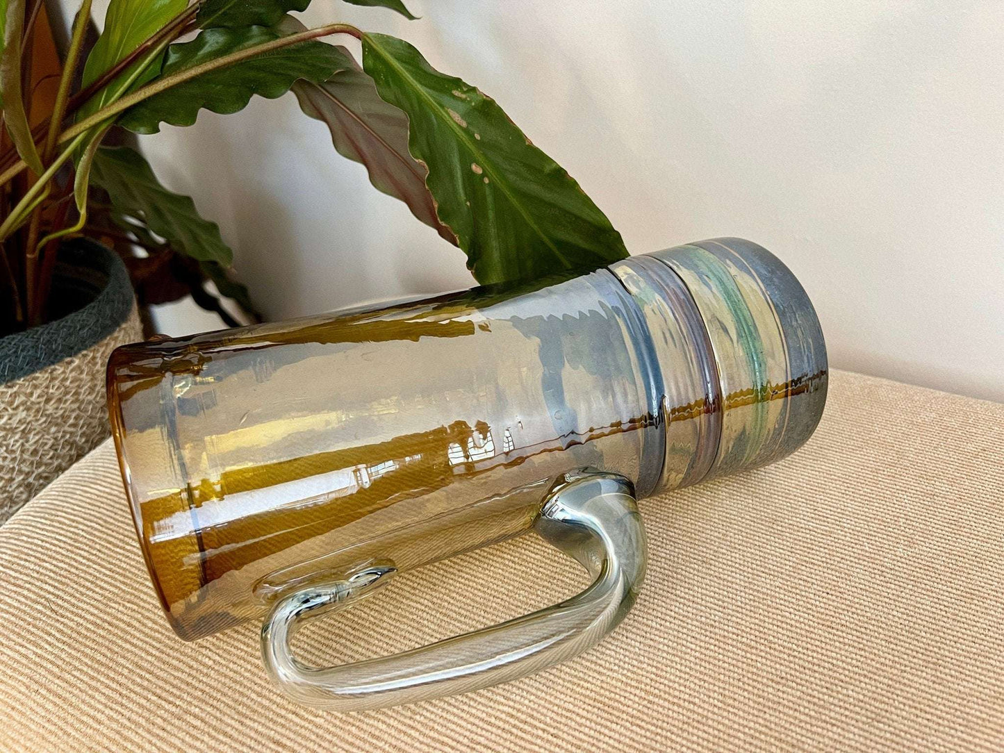 Mexican Hand-Blown Iridescent Yellow Glass Pitcher — Blue, Green & Orange Detail, 10"H - Loom Vintage