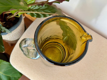 Mexican Hand-Blown Iridescent Yellow Glass Pitcher — Blue, Green & Orange Detail, 10"H - Loom Vintage