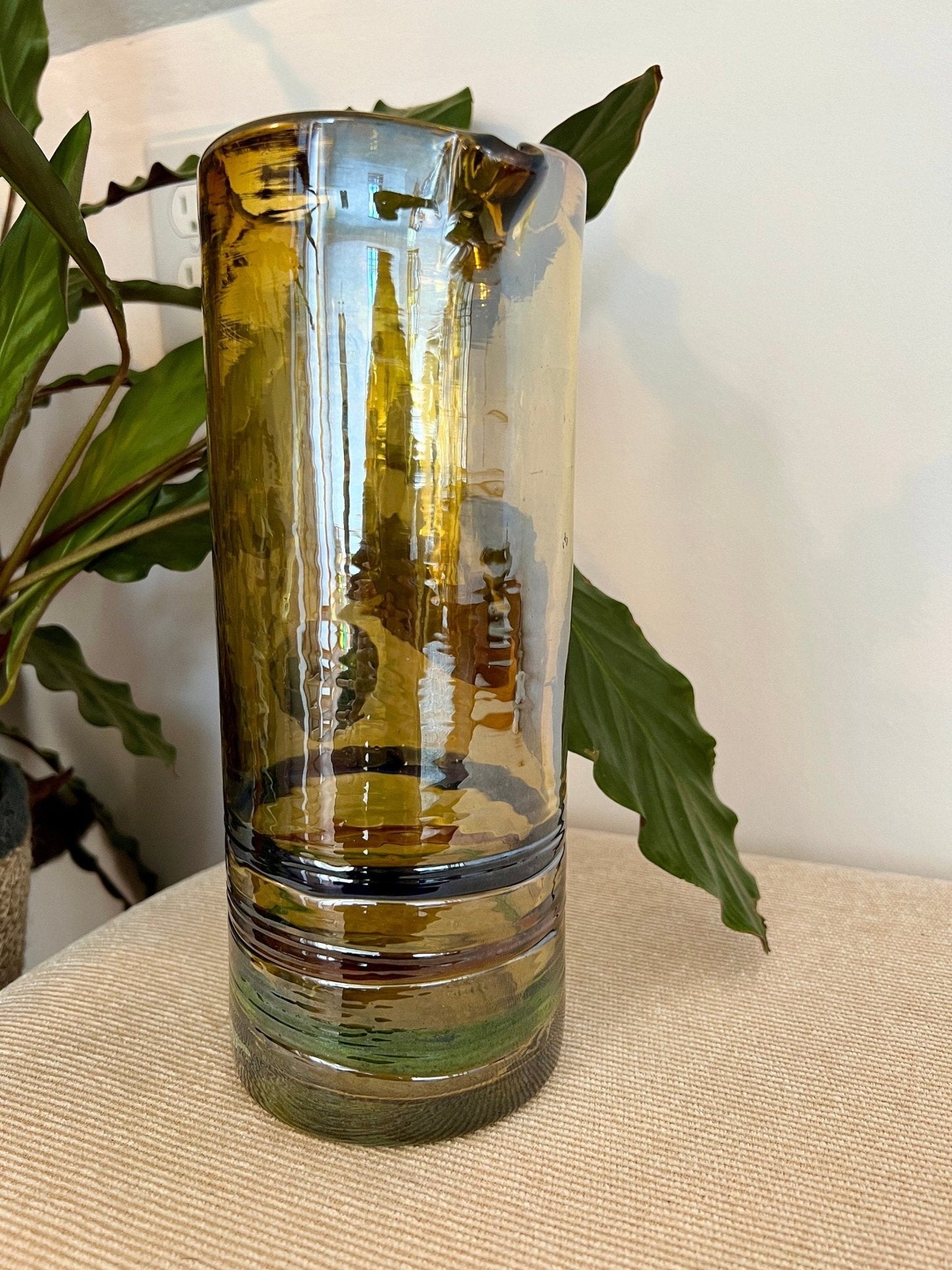 Mexican Hand-Blown Iridescent Yellow Glass Pitcher — Blue, Green & Orange Detail, 10"H - Loom Vintage