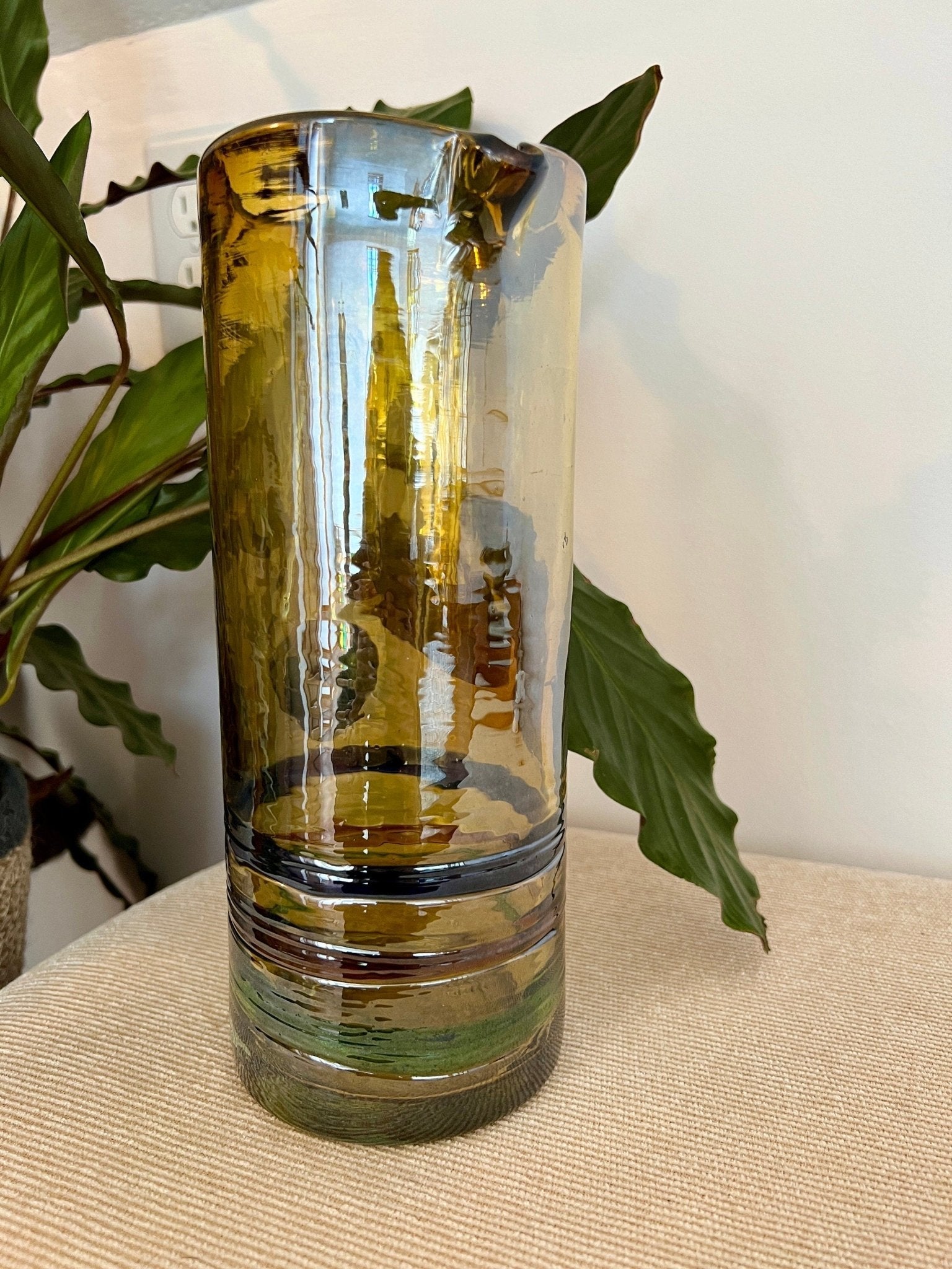 Mexican Hand-Blown Iridescent Yellow Glass Pitcher — Blue, Green & Orange Detail, 10"H - Loom Vintage