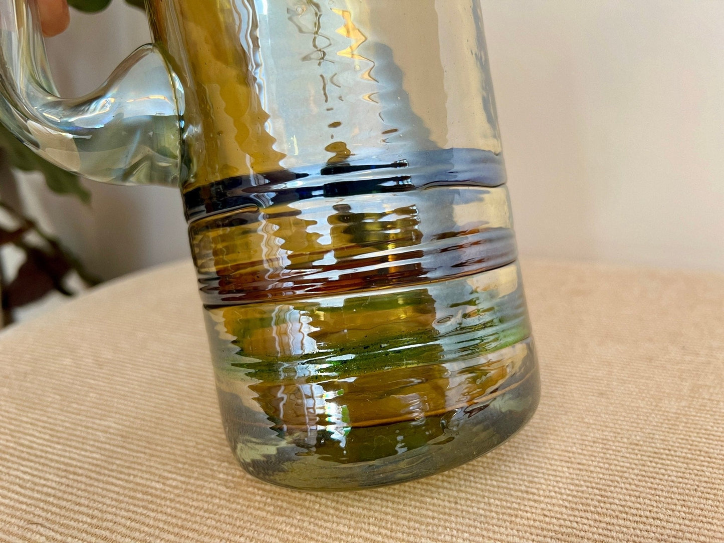 Mexican Hand-Blown Iridescent Yellow Glass Pitcher — Blue, Green & Orange Detail, 10"H - Loom Vintage