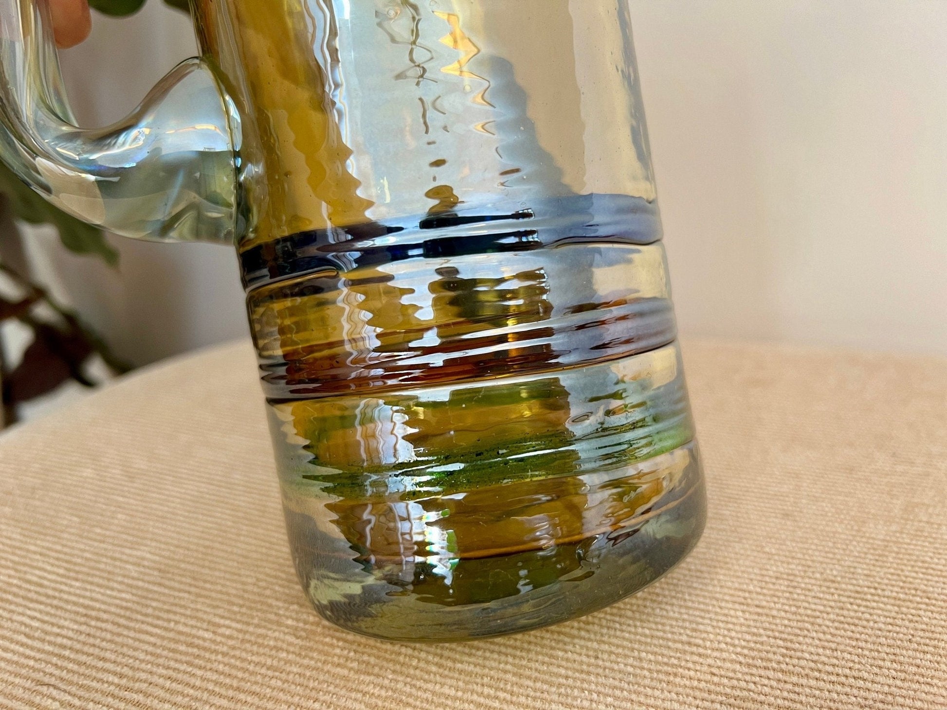 Mexican Hand-Blown Iridescent Yellow Glass Pitcher — Blue, Green & Orange Detail, 10"H - Loom Vintage