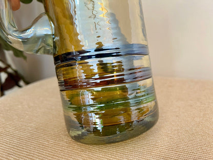 Mexican Hand-Blown Iridescent Yellow Glass Pitcher — Blue, Green & Orange Detail, 10"H - Loom Vintage