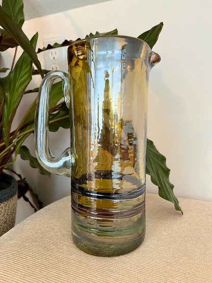 Mexican Hand-Blown Iridescent Yellow Glass Pitcher — Blue, Green & Orange Detail, 10"H - Loom Vintage