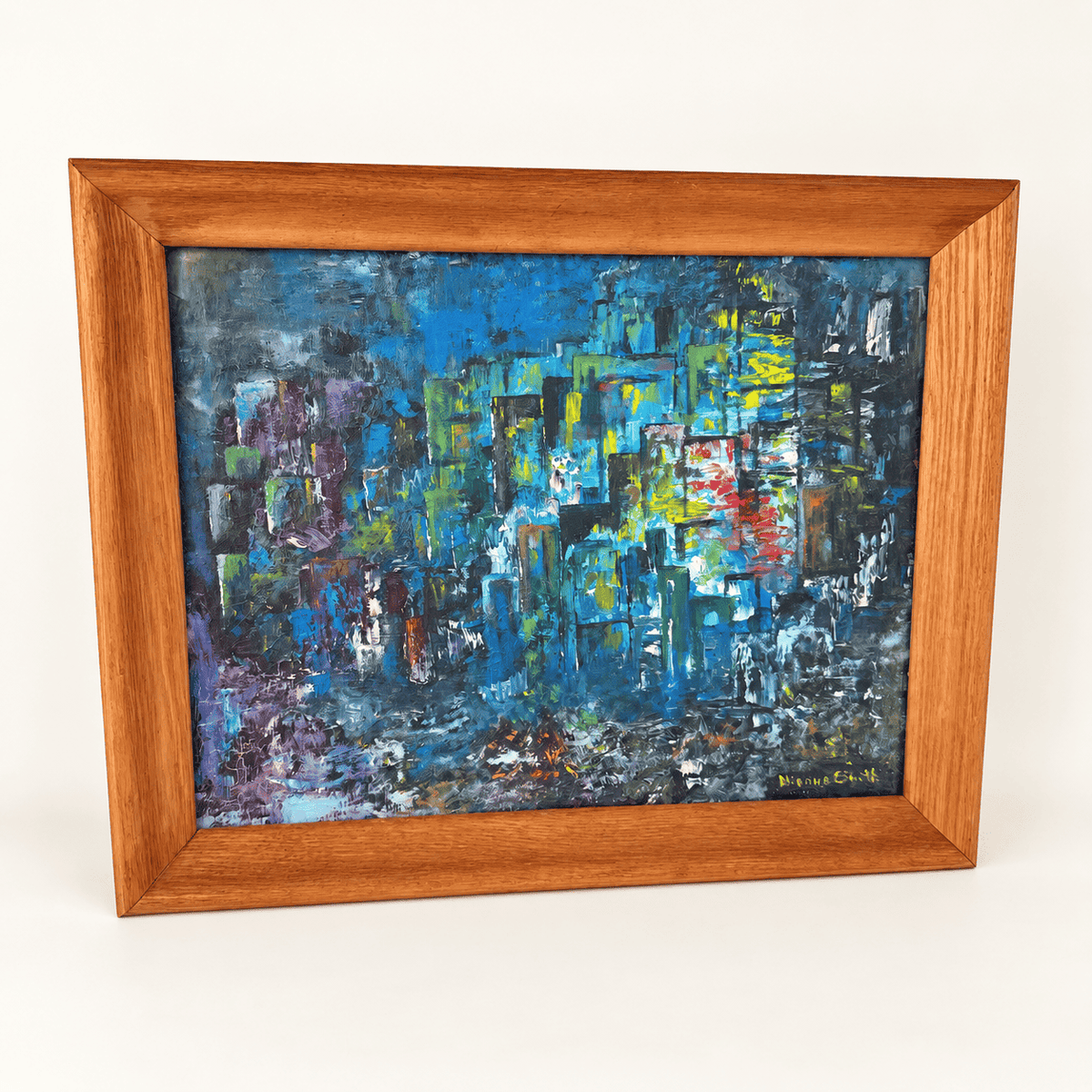 Mid-century abstract cityscape oil painting in palette knife blues and violets, photo 1 of 6