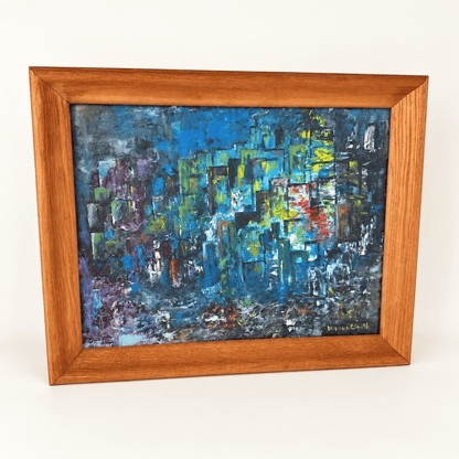 Mid-century abstract cityscape oil painting in palette knife blues and violets, photo 1 of 6