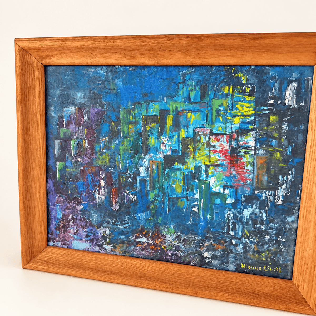 Mid-century abstract cityscape oil painting in palette knife blues and violets, photo 2 of 6