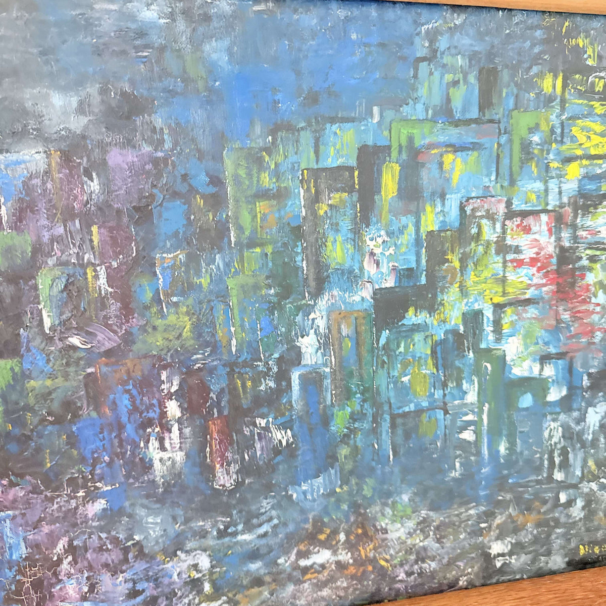 Mid-century abstract cityscape oil painting in palette knife blues and violets, photo 3 of 6
