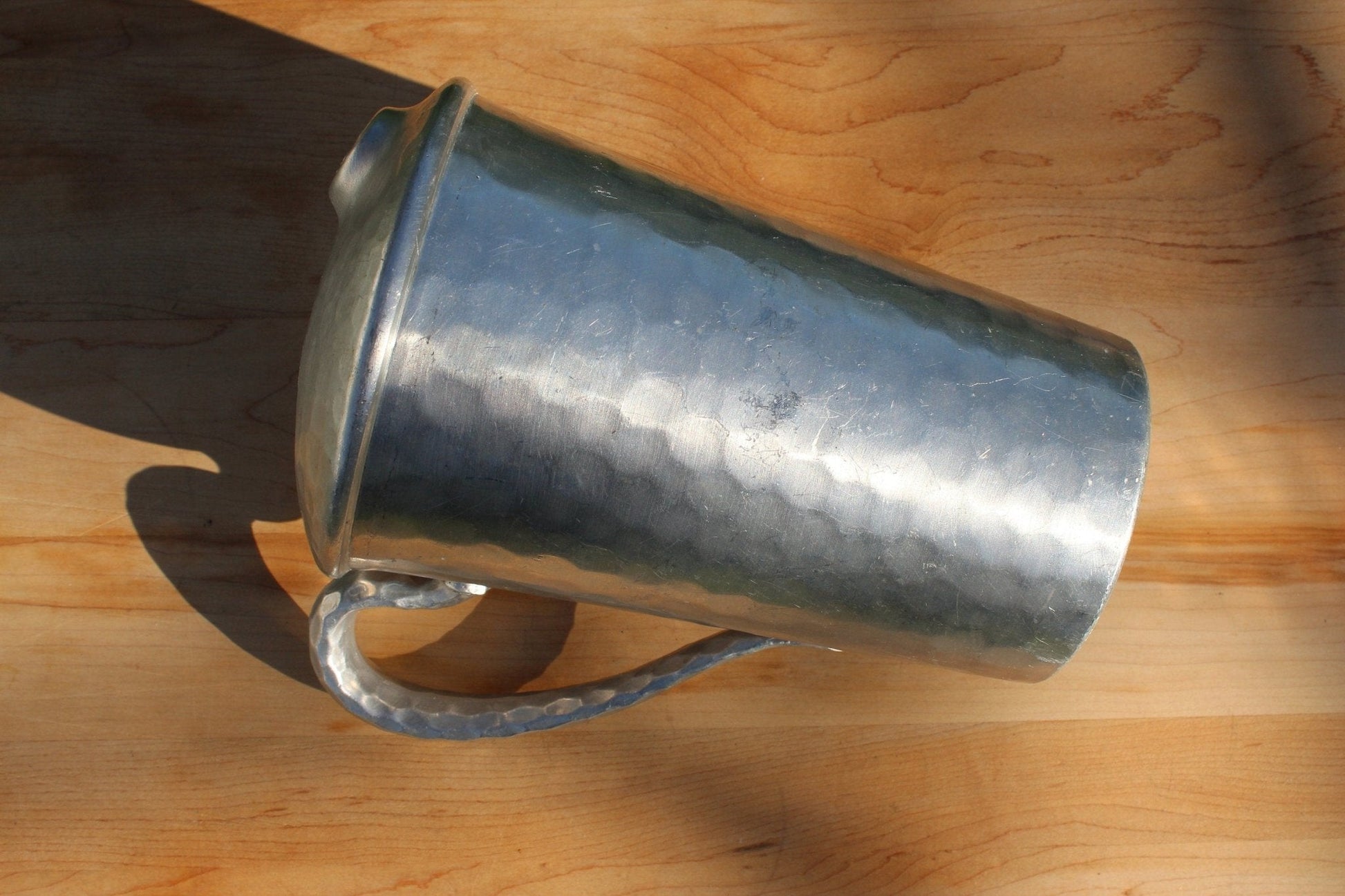 Mid Century Hand Forged Metal Pitcher with Unique Ice Lip//Hammered Textured Handle//Repurposed Flower Vase//Rustic Farmhouse - Loom Vintage