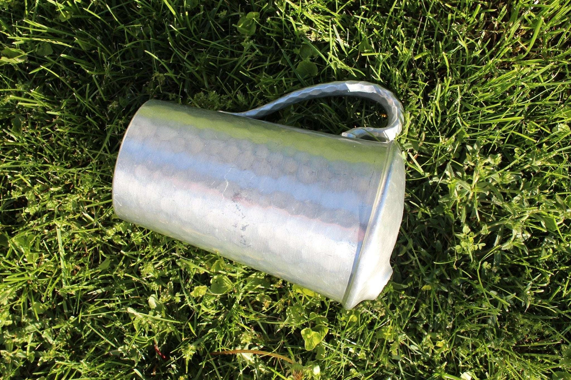 Mid Century Hand Forged Metal Pitcher with Unique Ice Lip//Hammered Textured Handle//Repurposed Flower Vase//Rustic Farmhouse - Loom Vintage