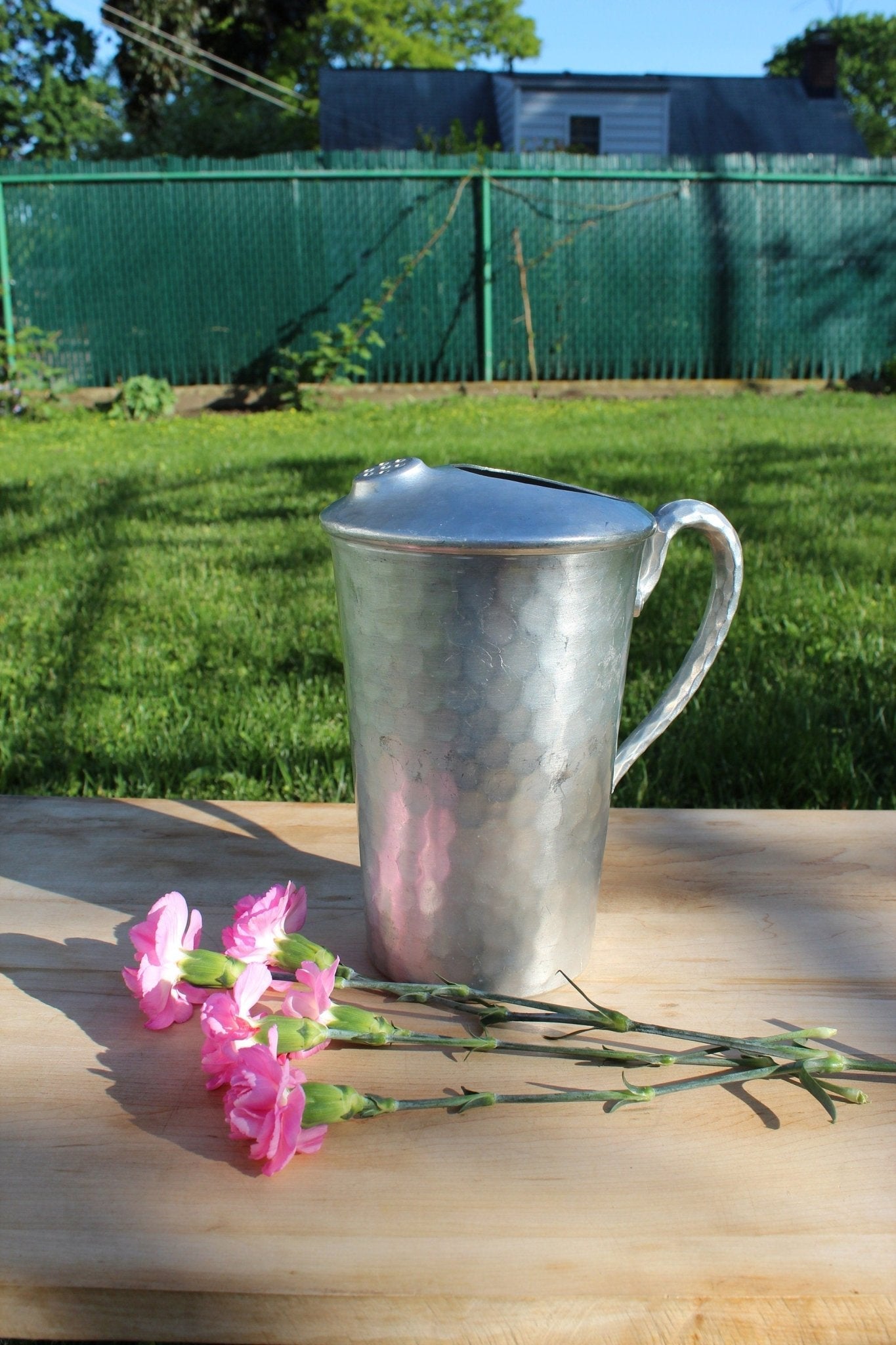 Mid Century Hand Forged Metal Pitcher with Unique Ice Lip//Hammered Textured Handle//Repurposed Flower Vase//Rustic Farmhouse - Loom Vintage