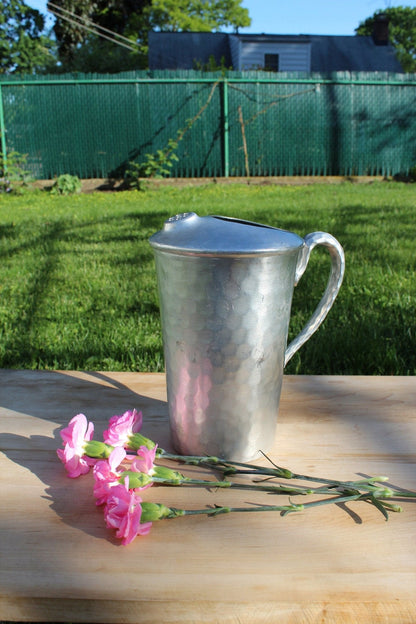 Mid Century Hand Forged Metal Pitcher with Unique Ice Lip//Hammered Textured Handle//Repurposed Flower Vase//Rustic Farmhouse - Loom Vintage