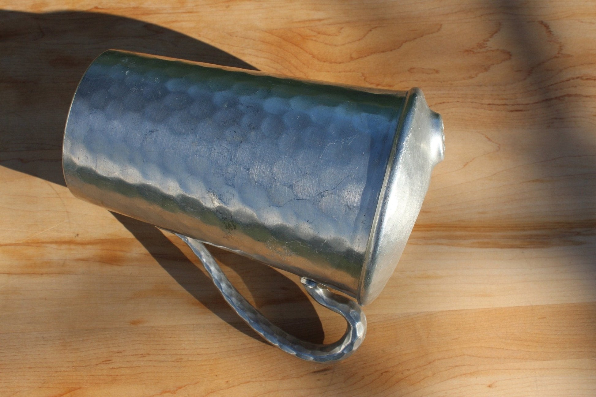 Mid Century Hand Forged Metal Pitcher with Unique Ice Lip//Hammered Textured Handle//Repurposed Flower Vase//Rustic Farmhouse - Loom Vintage