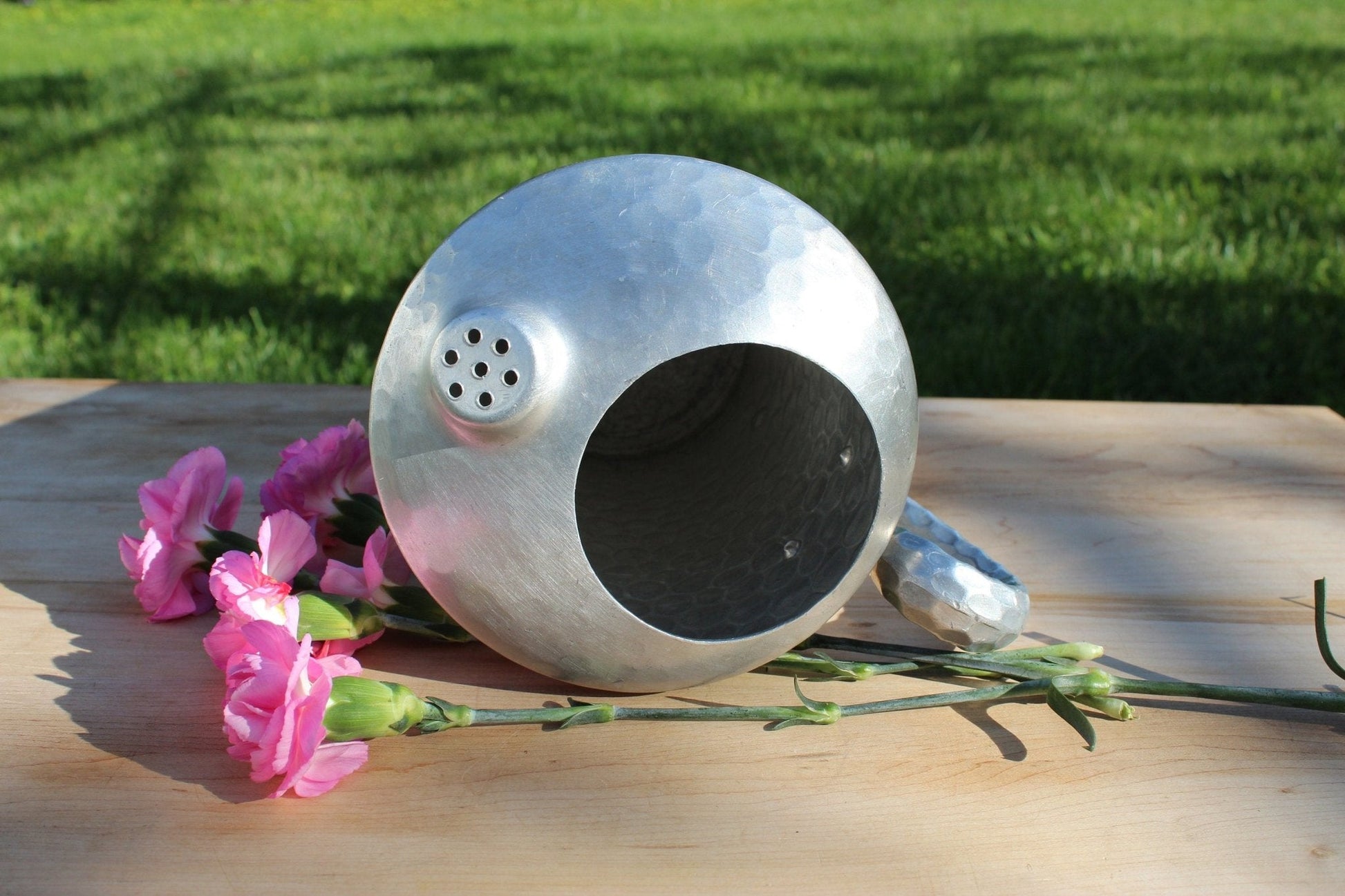 Mid Century Hand Forged Metal Pitcher with Unique Ice Lip//Hammered Textured Handle//Repurposed Flower Vase//Rustic Farmhouse - Loom Vintage