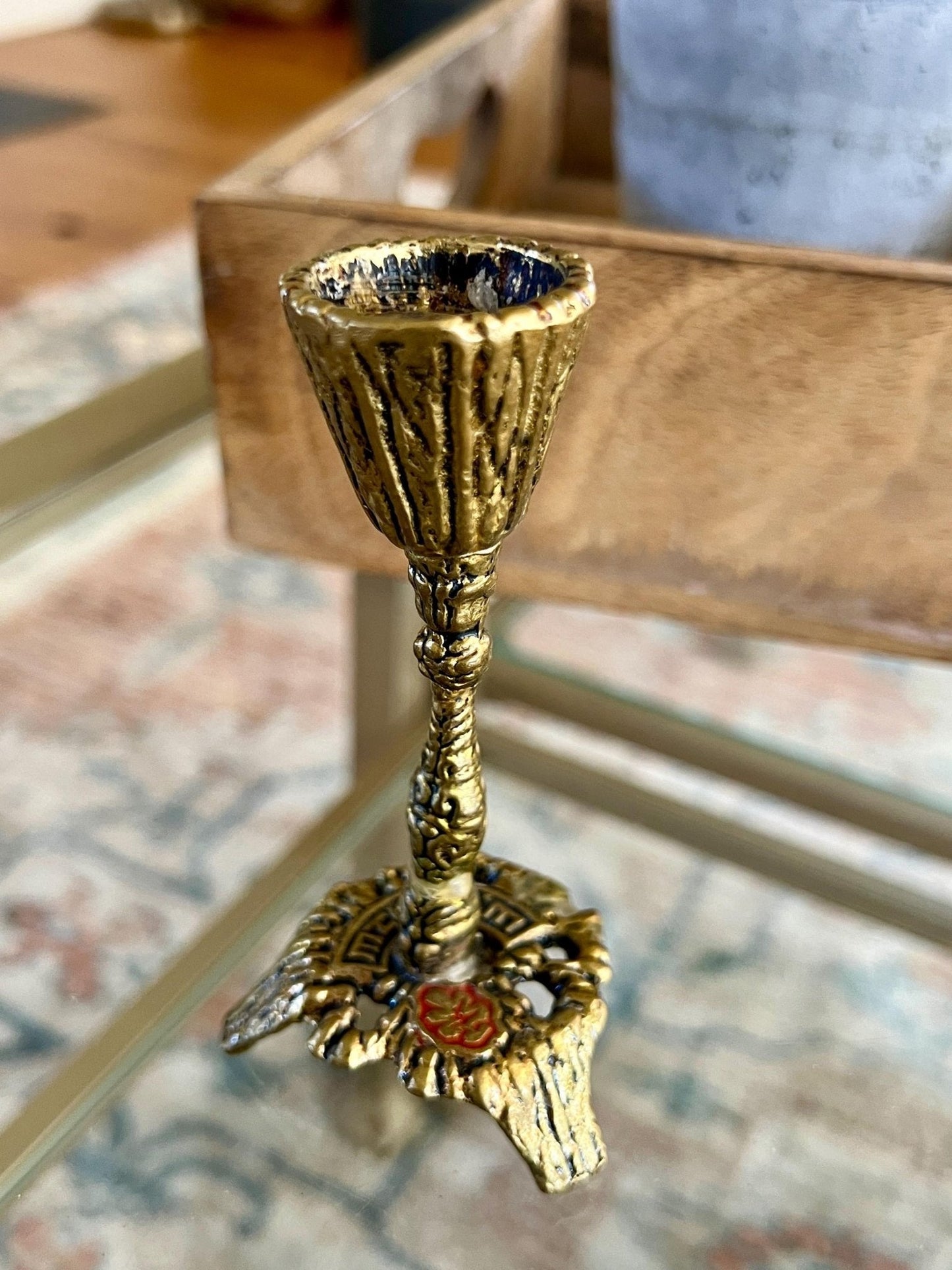 Mid - Century Judaica Brass Candlestick — Ornate Sculptural Column, Lion Base, 4.5"H, Single - Loom Vintage