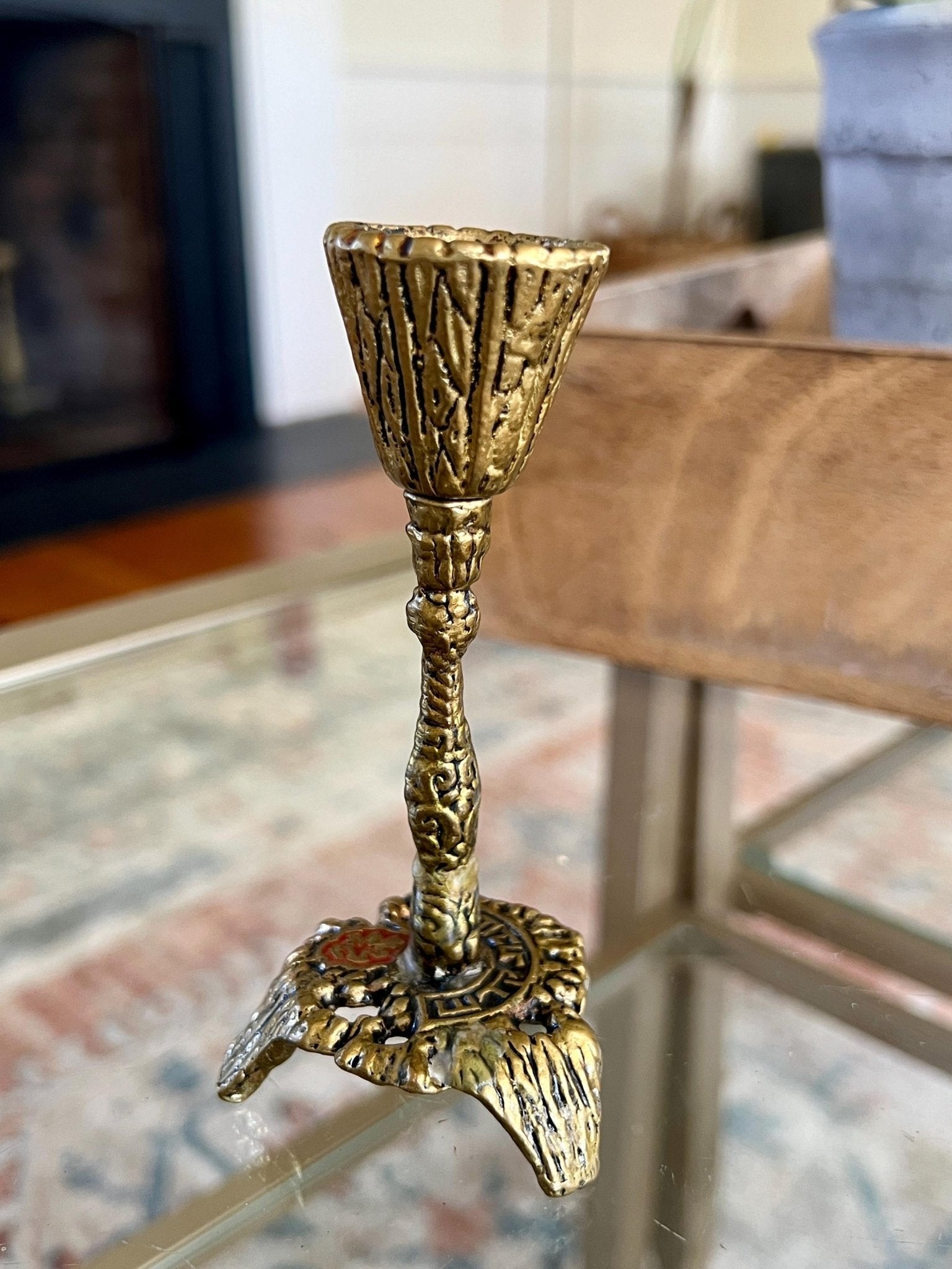 Mid - Century Judaica Brass Candlestick — Ornate Sculptural Column, Lion Base, 4.5"H, Single - Loom Vintage