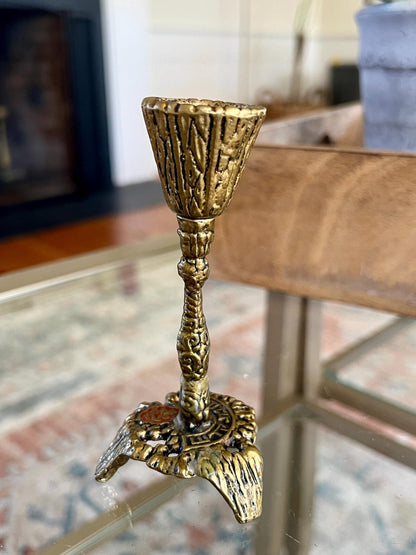 Mid - Century Judaica Brass Candlestick — Ornate Sculptural Column, Lion Base, 4.5"H, Single - Loom Vintage
