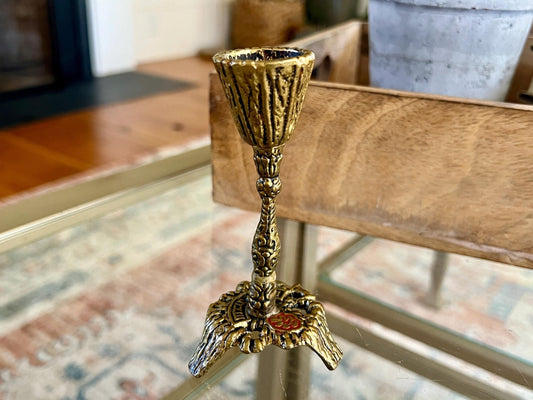 Mid - Century Judaica Brass Candlestick — Ornate Sculptural Column, Lion Base, 4.5"H, Single - Loom Vintage