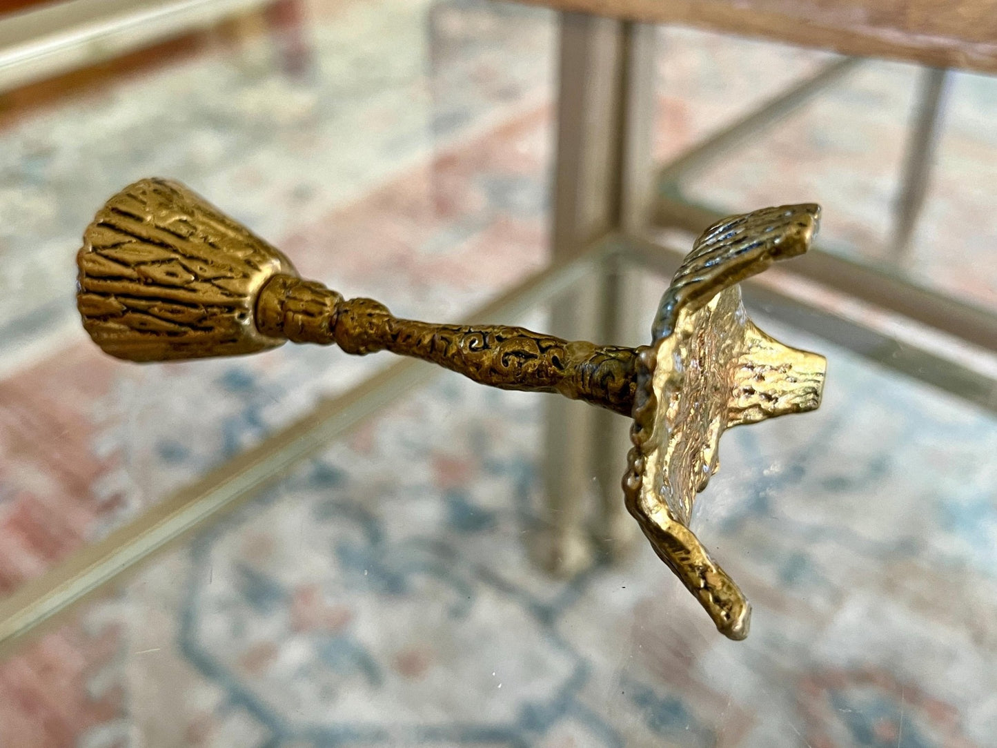 Mid - Century Judaica Brass Candlestick — Ornate Sculptural Column, Lion Base, 4.5"H, Single - Loom Vintage