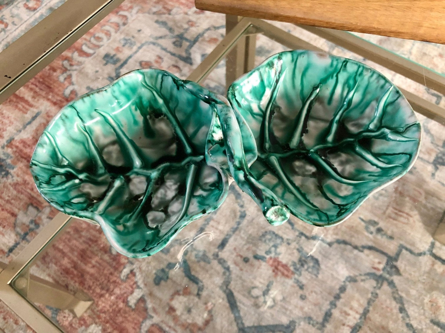Mid Century Modern Hand Painted Italian Pottery Double Leaf Bowl, Vintage Italian Pottery Leaf Dish, Italian Home Decor, Made in Italy - Loom Vintage