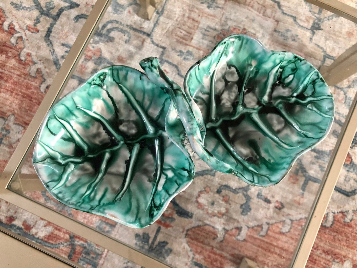Mid Century Modern Hand Painted Italian Pottery Double Leaf Bowl, Vintage Italian Pottery Leaf Dish, Italian Home Decor, Made in Italy - Loom Vintage