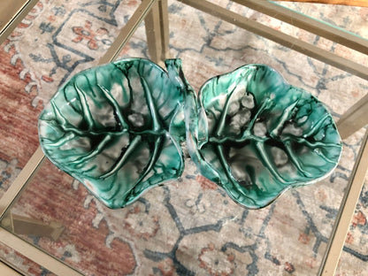 Mid Century Modern Hand Painted Italian Pottery Double Leaf Bowl, Vintage Italian Pottery Leaf Dish, Italian Home Decor, Made in Italy - Loom Vintage