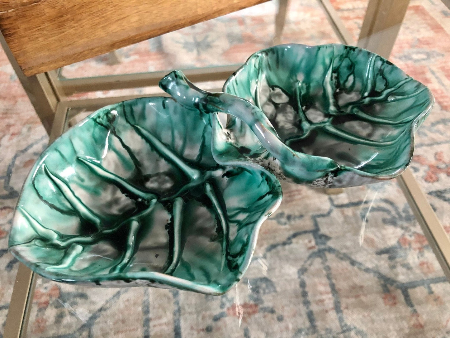 Mid Century Modern Hand Painted Italian Pottery Double Leaf Bowl, Vintage Italian Pottery Leaf Dish, Italian Home Decor, Made in Italy - Loom Vintage