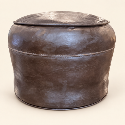 Mid-century round vinyl pouf ottoman in chocolate brown